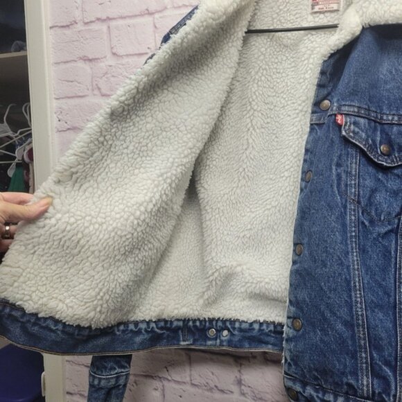VTG 80s Levis Sherpa Lined Denim Trucker Jacket Size 42R USA Made Snap Closure - Picture 4 of 10